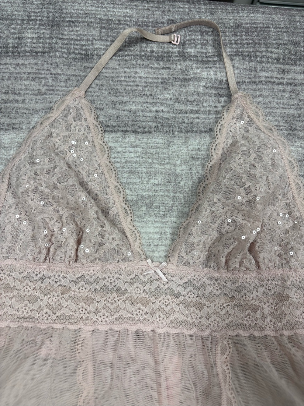 Pink Lace Feminine Coquette Sheer Mesh Babydoll Lingerie Sparkly Top Size L Open - Picture 6 of 8